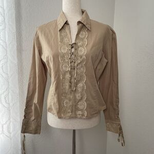 Andrew & Co Women’s Blouse L Tan Lace-Up Long Sleeve Victorian Romantic Cotton